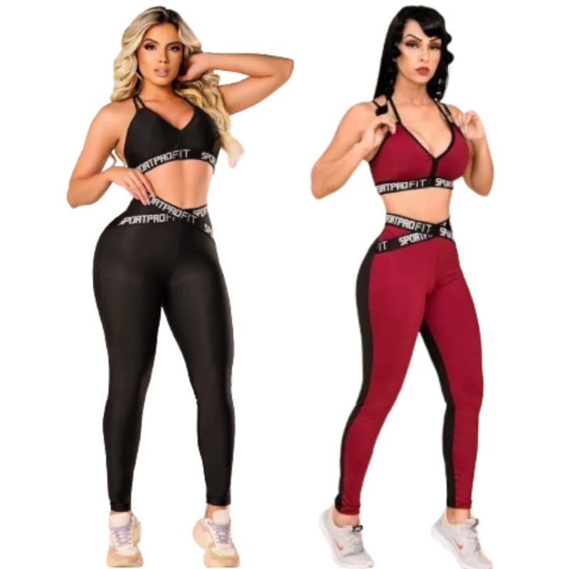 Kit 2 Conjuntos Fitness Top e Legging Com Elástico Feminino Academia