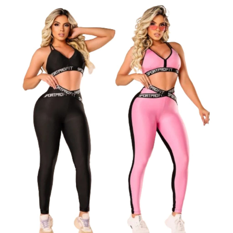 Kit 2 Conjuntos Fitness Top e Legging Com Elástico Feminino Academia