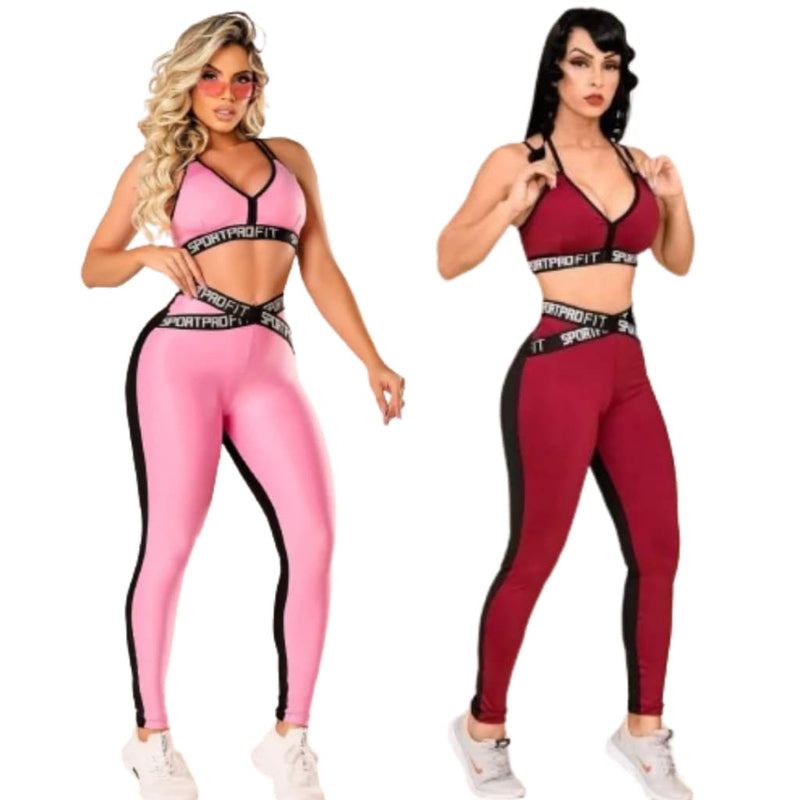 Kit 2 Conjuntos Fitness Top e Legging Com Elástico Feminino Academia