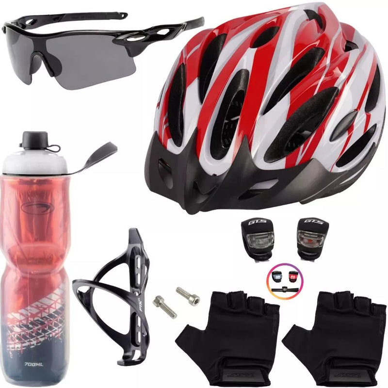 Kit Capacete Bike + Garrafa + Suporte + Pisca + Óculos + Luvas