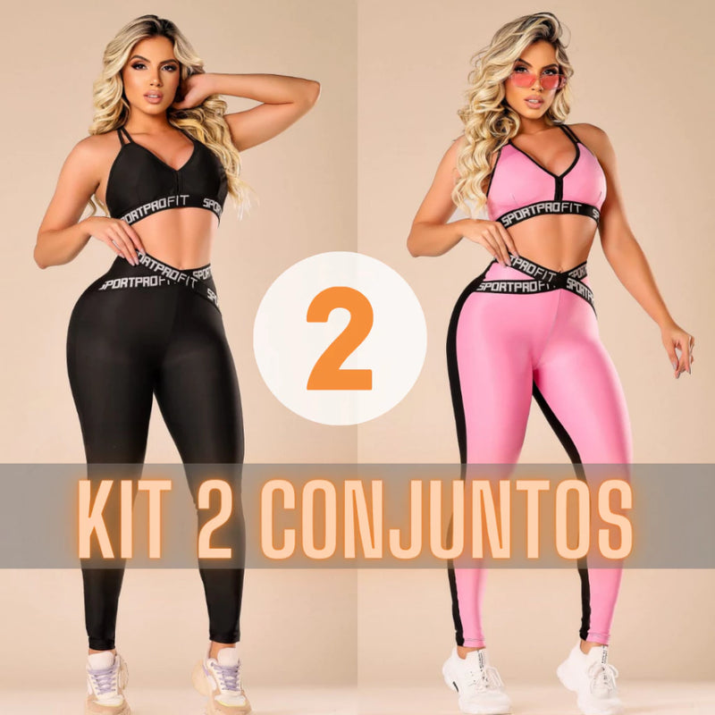 Kit 2 Conjuntos Fitness Top e Legging Com Elástico Feminino Academia