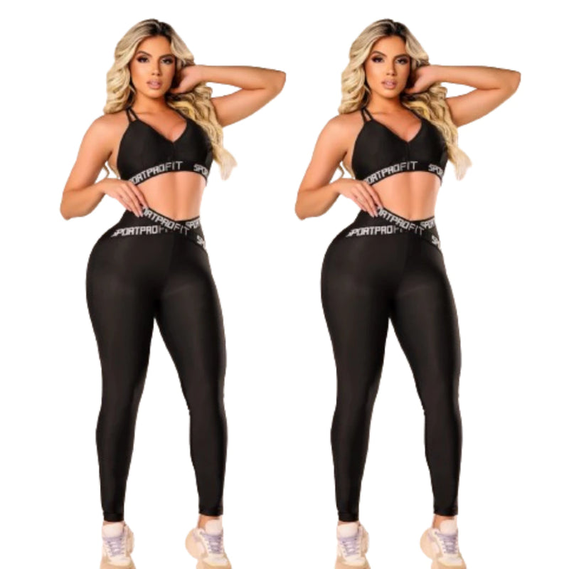 Kit 2 Conjuntos Fitness Top e Legging Com Elástico Feminino Academia