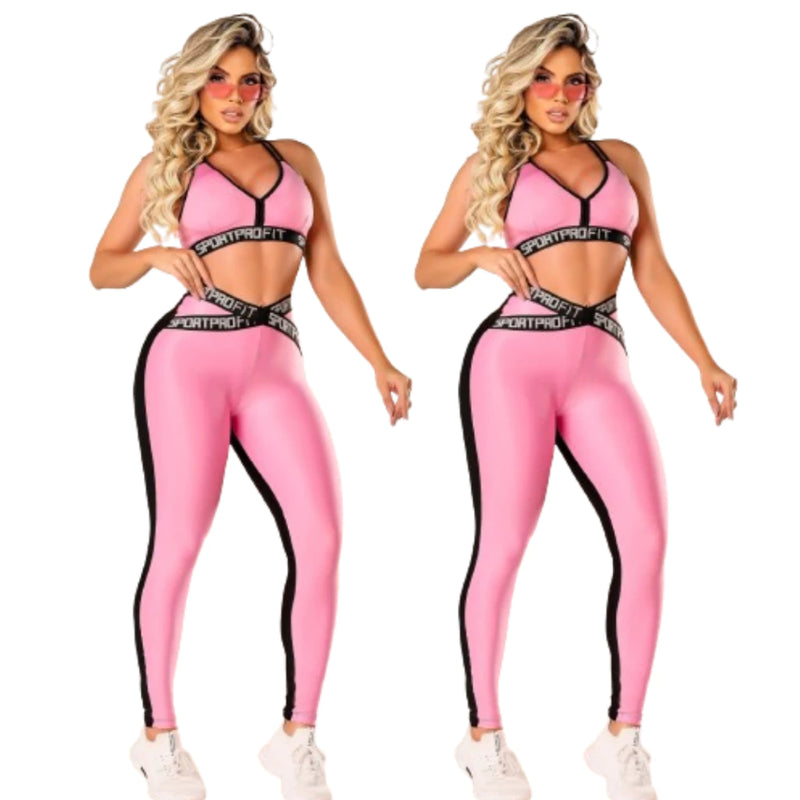 Kit 2 Conjuntos Fitness Top e Legging Com Elástico Feminino Academia