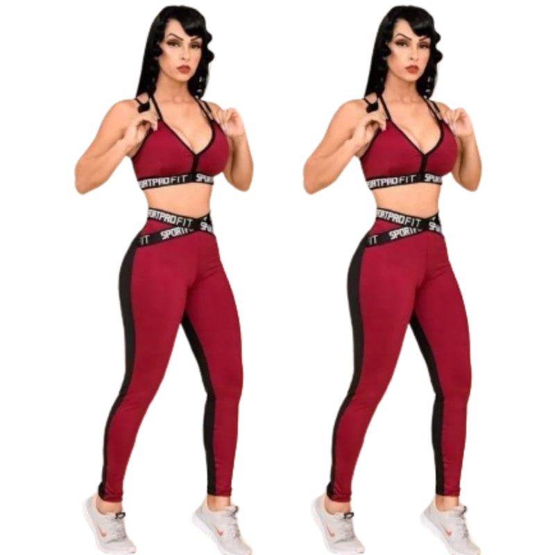 Kit 2 Conjuntos Fitness Top e Legging Com Elástico Feminino Academia