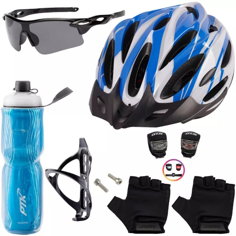 Kit Capacete Bike + Garrafa + Suporte + Pisca + Óculos + Luvas